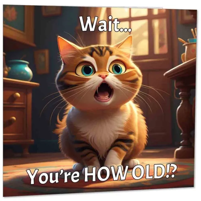 Funny Birthday Card - Cat How old?! Kitty Cute Novelty bday Card 145mm x 145mm