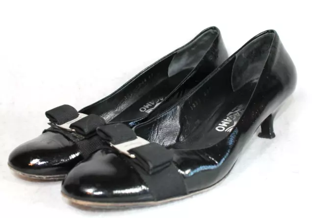 Salvatore Ferragamo Heels Women’s 11 Black Vera Bow Patent Leather Closed Toe