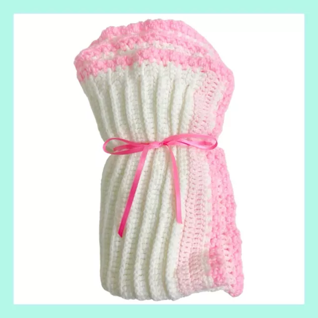 ❤️Vintage Baby Nursery Crochet Crib White & Pink Blanket Throw Handmade 27x39❤️