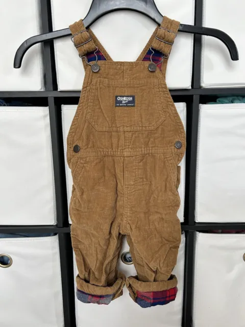 Oshkosh Baby Boy's size 12-1 months brown tan corduroy red plaid lined overalls
