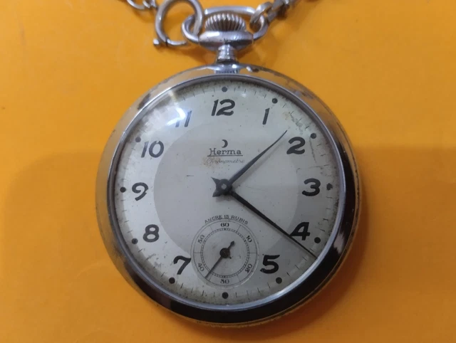 Montre à Gousset Mécanique Chronomètre HERMA - Acier Inoxydable - Occasion En état De Marche