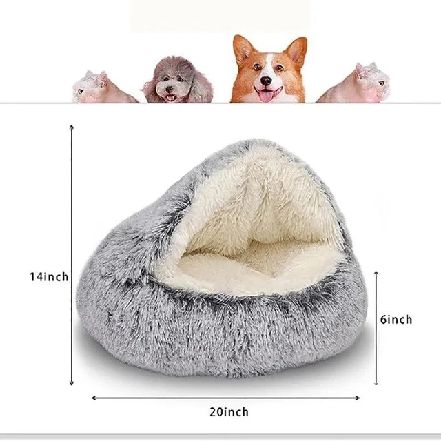 Cat Bed Cave Round Plush Fluffy Hooded Pupy Bed Donut Self Warming Pet Dog Bed