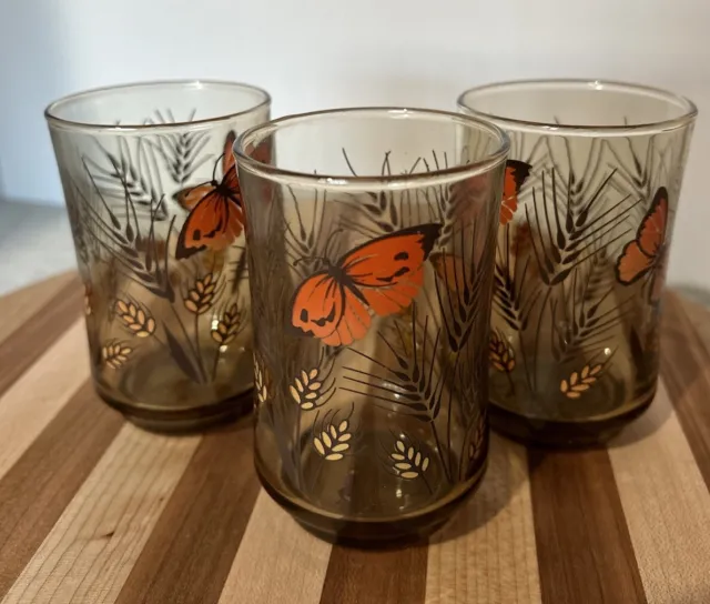 VTG Set Of 3 Libbey Floral Butterfly Wheat Brown Orange Juice Glasses 6 Oz