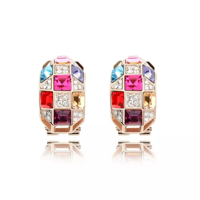 18K Rose Gold GF Made With Swarovski Crystal Square Luxury French Clip Earrings