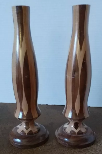 Set Of 2 Candlestick Holders Wood Lathe Turned Handmade Maple Walnut 10.75" MCM
