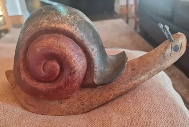 Vintage Wood Snail Primitive Rustic Style Niave Paint Figure Ornament Snail 10"