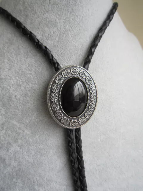 Jeansfriend Vintage Silver Plated Black Obsidian Stone Bolo Tie Leather Necklace 3