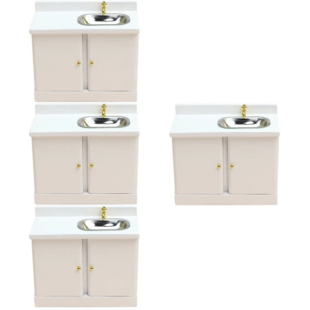 4 piezas Casa de muñecas Fregadero Cocina Armario Miniatura Cocina Armario Mini Madera