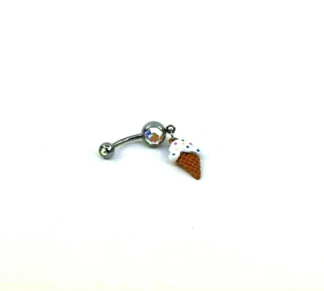 Ice Cream Cone Dangle Belly Button Ring Navel Bar Surgical Steel 14g 316L