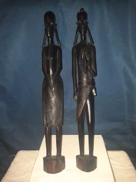 Vintage Hand Carved Wooden African Tribal Man & Woman Statue Figure Art