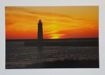 Postcard Muskegon Pier Lighthouse Michigan USA Sunset over Lake Michigan