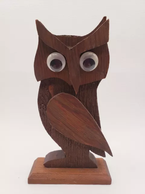 Handmade Wooden Owl Carved Statue Figurine MCM Style Googly Eyes Eclectic Decor