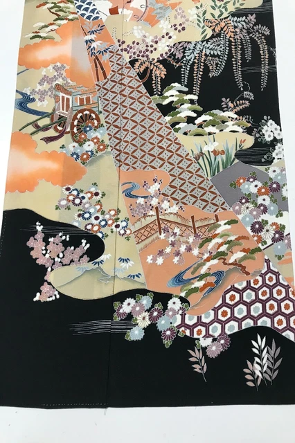 @@Japanese vintage kimono/ tomesode black silk fabric/ wisteria G61 2