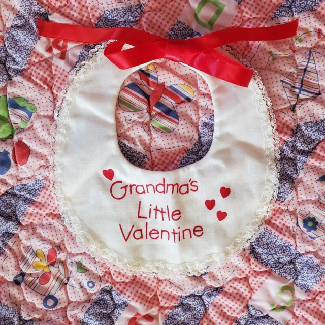 Vintage Baby Bib Grandma's Little Valentine Lace Trimmed Red Ribbon Hearts EUC