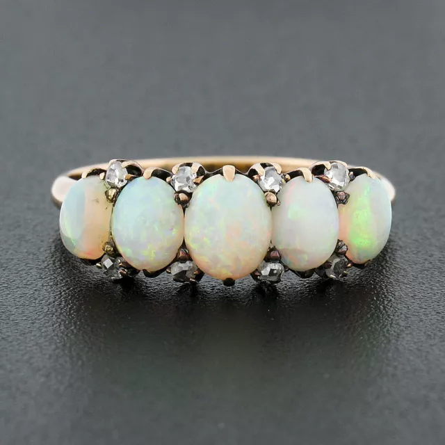 Antik Viktorianisch 10K Gold Oval Cabochonschliff Opal 5 Stein Alt Schliff Ring