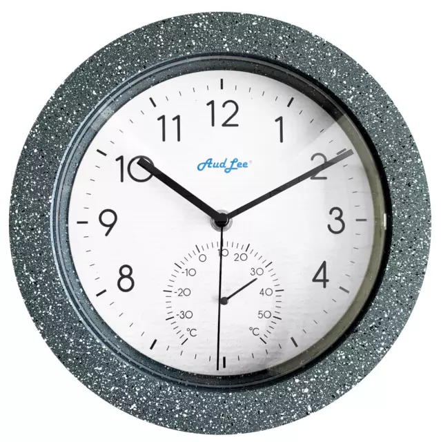 25cm Indoor/Outdoor Faux Concrete Finish Waterproof Wall Clock with Thermometer