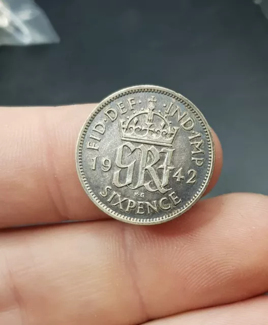 1942 English .500 Silver Sixpence Coin.  King George VI. High Grade. VGC. 🇬🇧