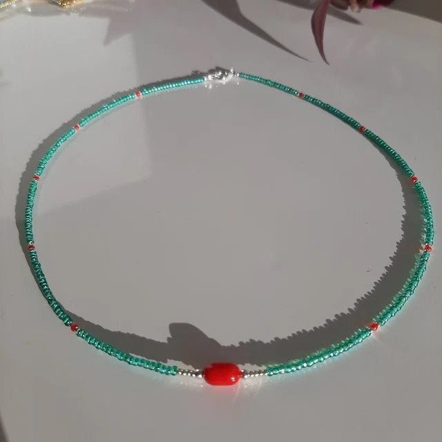 Collier De Perles - Corail Rouge, Perles Miyuki Bleue Turquoise - Fait Main - Neuf Avec étiquette