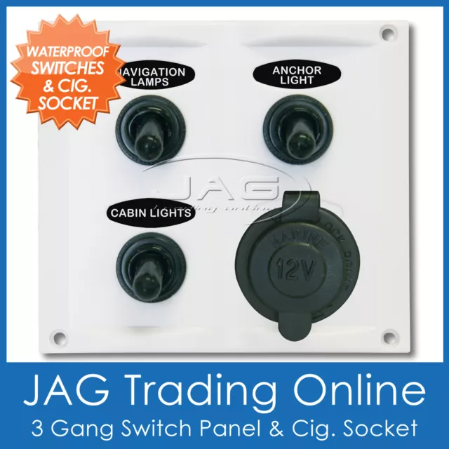 WHITE 3-GANG TOGGLE & 1 CIG SOCKET WATERPROOF SWITCH PANEL - Marine/Boat/RV