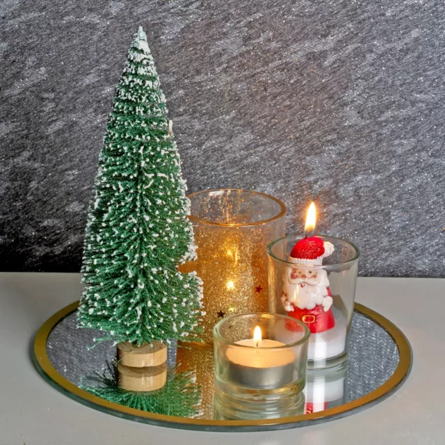 5pc Decorative Christmas Tree Santa Glass Tealight Candle Holder Mirror Tray Set