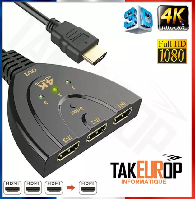 Switch HDMI 4K 3 Entrée vers 1 Sorties Commutateur HDMI UHD/3D/4K cable splitter