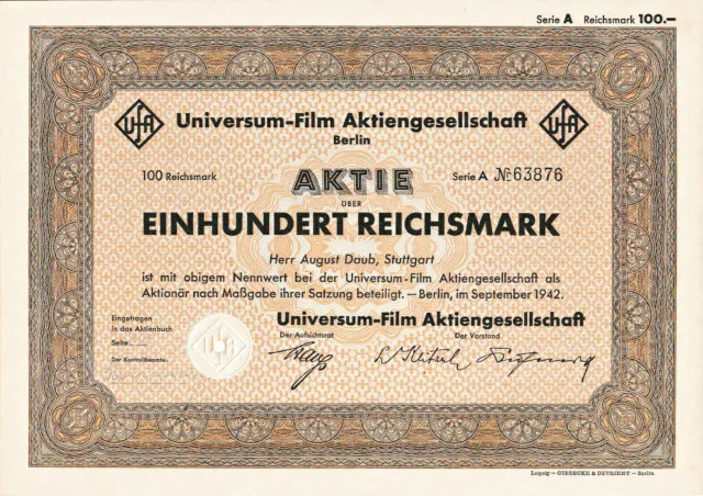 UfA Universum-Film Berlin hist. Aktie 1942 - Bertelsmann Film + Kino Babelsberg