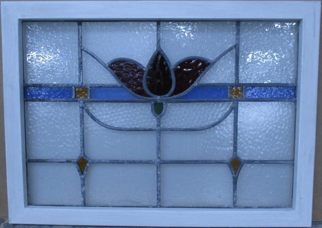 MIDSIZE OLD ENGLISH LEADED STAINED GLASS WINDOW Pretty Floral 27" x 19.75"