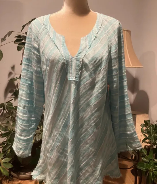 Nic + Zoe Linen Turquoise Striped Tunic Top V-Neck Long Sleeves  Size XL