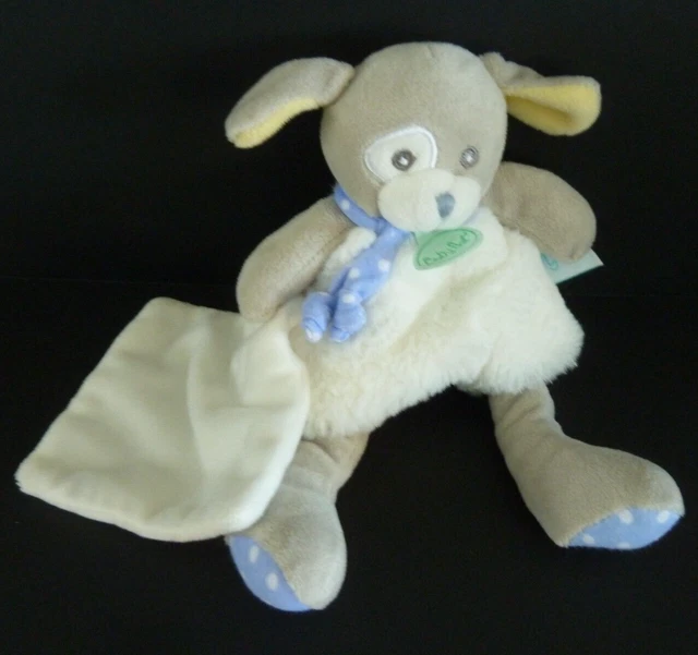 *. DOUDOU PELUCHE BABY NAT CHIEN POUPI GRIS BLEU JAUNE MOUCHOIR BLANC 20c NEUF*