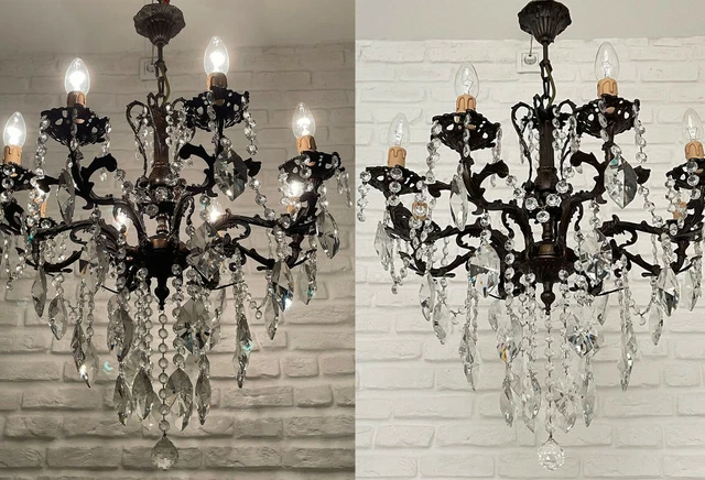 Passendes Paar antike Vintage 8 Arme Messing & Kristalle Cherub Kronleuchter Lampe