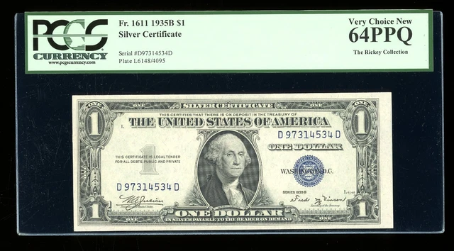 DBR $1 1935-B Silver Vinson DD Block Fr. 1611 PCGS 64 PPQ Serial D97314534D