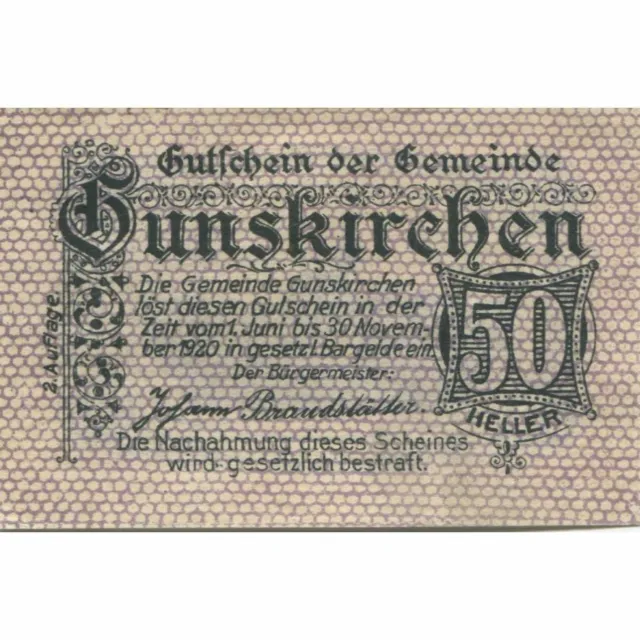 [#282263] Banknote, Austria, Gunskirchen, 50 Heller, village, 1920, UNC Mehl: