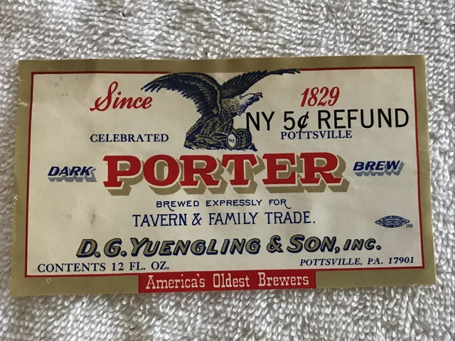 YUENGLING PORTER BEER VINTAGE BOTTLE LABEL, RARE NEW YORK 5 Cents Refund