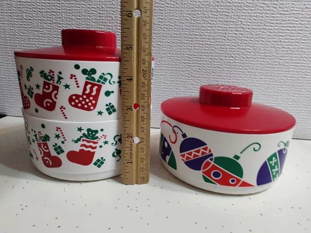 VTG Holiday Tupperware Set Round Acrylic Candy Cookie Nut Cover Stackable Dishes 3