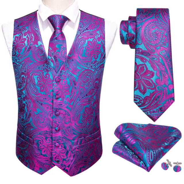 Barry Wang Paisley Mens Waistcoat Purple Blue Silk Floral Gilet Vest Suit Tie