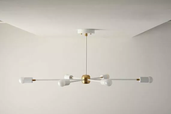 Chandelier Matte White & Brass Mid Century Industrial Modern Sputnik Lighting