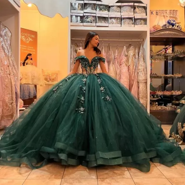 Emerald Green Quinceanera Dresses Off The Shoulder Sweet 15 16 Party Ball  Gowns