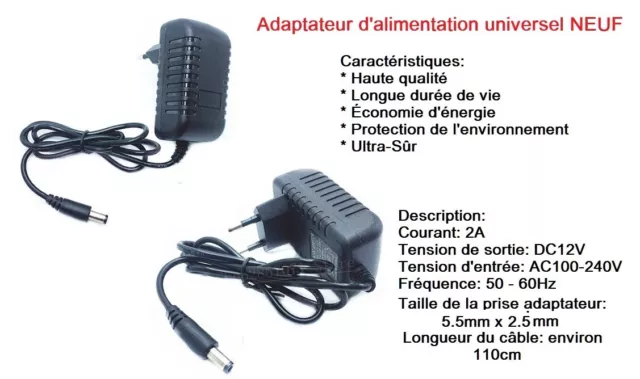 Adaptateur chargeur AC-DC secteur universel 12 V-3 A 110-240V 50