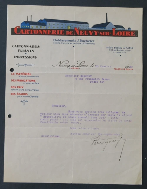 1920 invoice NEUVY SUR LOIRE BACHELET CARDBOARD illustrated header 31