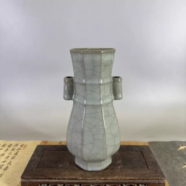 9.2" Chinese Old Guan Kiln Celadon Crackle Glaze Porcelain Guan-er Vase