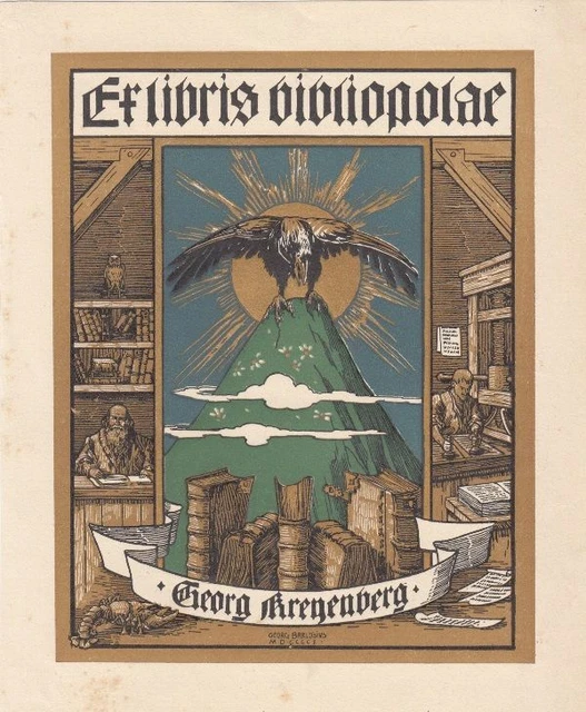 Bookplate bookplate cliché Georg Barlösius 1864-1908 raven owl mountain printer