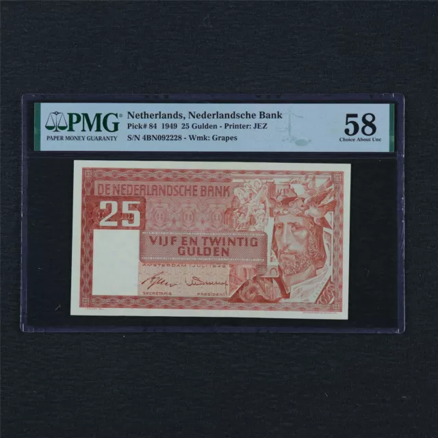 1949 Netherlands Nederlandsche Bank 25 Gulden Pick#84 PMG 58 Choice About UNC