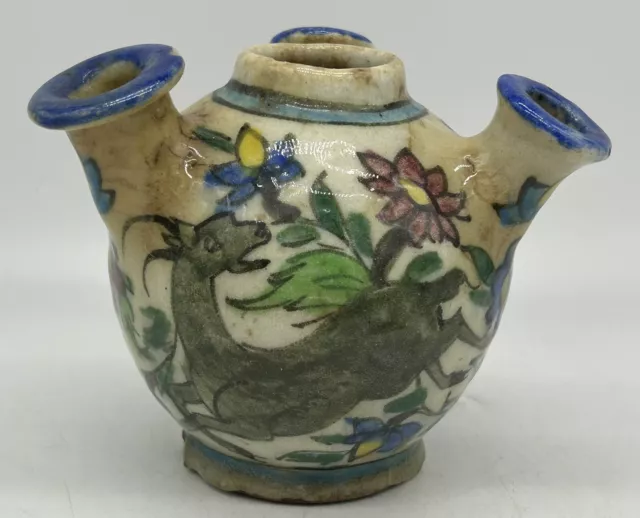 Antique Persian Qajar Hand Painted Tulip Vase, Deer or Goat & Flowers, Pottery