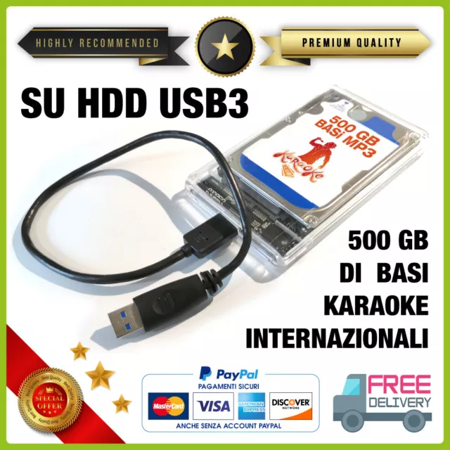 500 Gb BASI MUSICALI MP3 SU HDD ESTERNO USB 3 raccolta COMPLETA Karaoke no midi