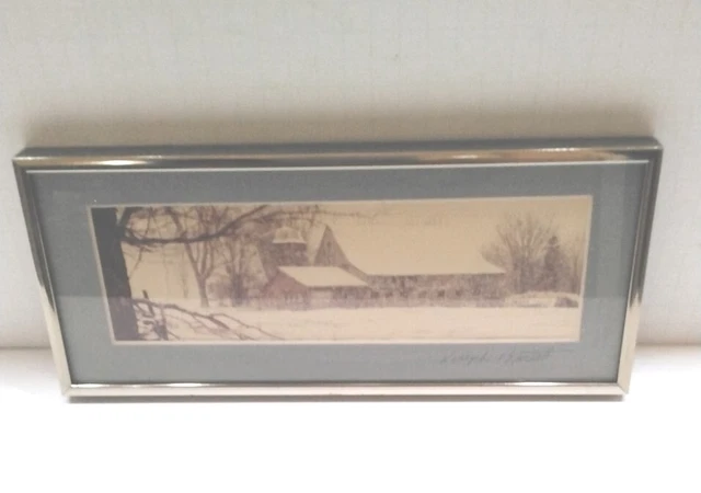 Joseph Barnett Old Barn in Snow Photograph Metal Frame  5" x 12" - Signed