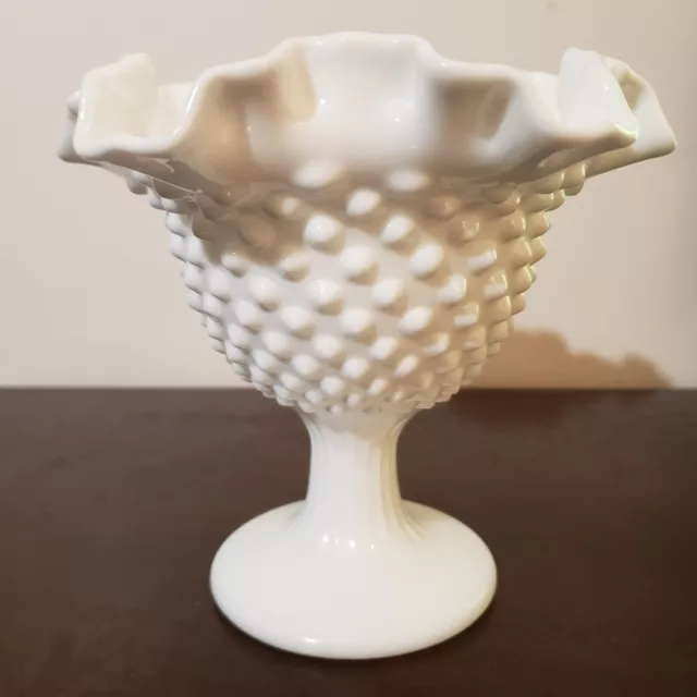 Fenton Milk Glass Hobnail Ridged Pedestal Compote With Ruffled Edge