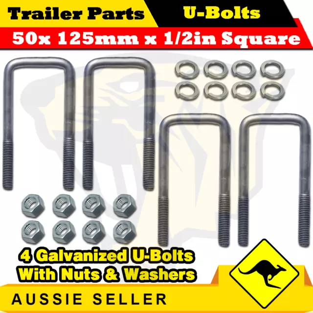 4 x U-Bolts 50mm x 125mm Square with Nuts Galvanized Trailer Box Boat Caravan