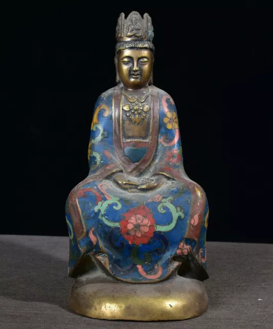 10" Old Antique Chinese Bronze Cloisonne Seat Guanyin Kwan-yin Statue Sculpture