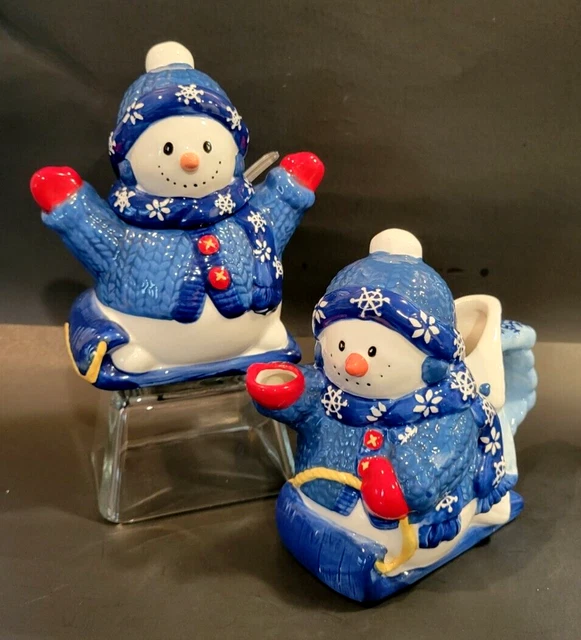 Snowflake Snowman Creamer & Sugar Bowl Set VTG Bico Homespun Holiday Collection