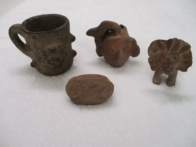 Collection 4 Authentic Pre-Columbian Mexico Pottery Pieces Cup, Seal, Zoomorphic